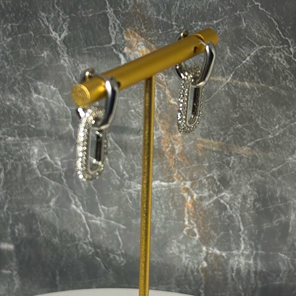 Double Hoop CZ Drop Silver Tone Earrings - Picture 3 of 5